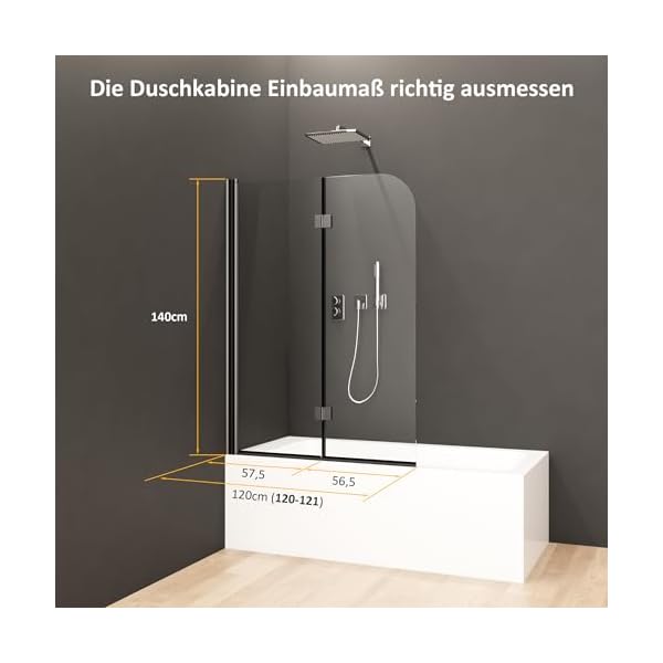 Duschwand für Badewanne 2-teilig 120x140cm Mattes Schwarz Doppelfaltflügeltür Duschtrennwand mit 6mm Nano Glas, Trennwand Faltbar Badewannenwand Sicherheitsglas Badewannenaufsatz Dusche – Bild 6