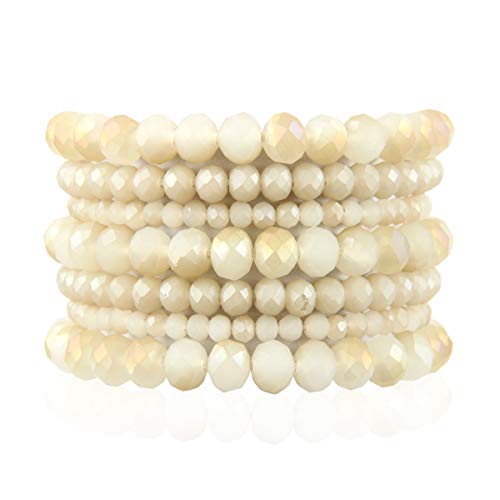 Bohemian Multi-Layer Beaded Stacking Statement Bracelets - Versatile Stretch Strand Sparkly Crystal Beads Wrap Slip-on Cuff Bangle Set (7 Layer Sparkly Beads - Natural)