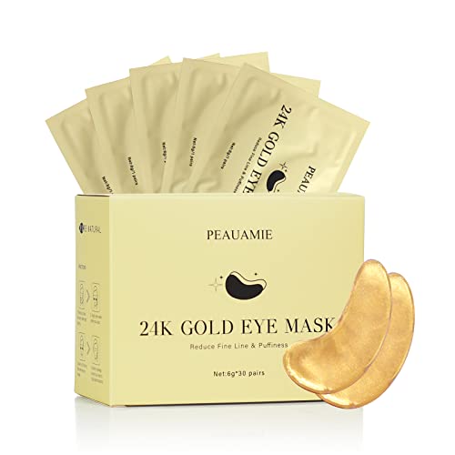 Peauamie under eye patchs (30 pairs) 24k gold eye mask and hyaluronic acid eye patch and rose eye masks for dark circles and puffiness wrinkle eye bags treatment (24k gold)