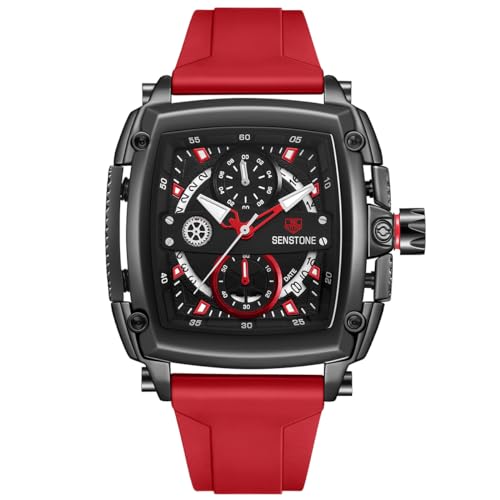 senstone Men's Watch 44mm Large Dial Square Fashion Sports Multifunction Chronograph Quartz Analog Wristwatch for Men Rubber Band Silicone Strap Watches - Red -  SST-256-BLA-RED