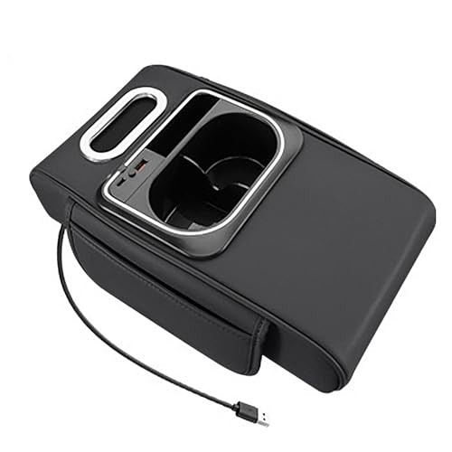 LIJXHO Universal Car Armrest Box Height Increasing Pad, Multifunctional Storage Box with Tissue Holder, Cup Holder, Ambient Light, USB Charging Port (Black)