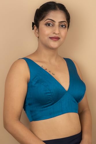 Image of FIGURE'S DESIGNER Women's Dupion Raw Silk Sleeveless V Neck Sabyasachi Cut Readymade Saree Blouse Padded Stitched S4