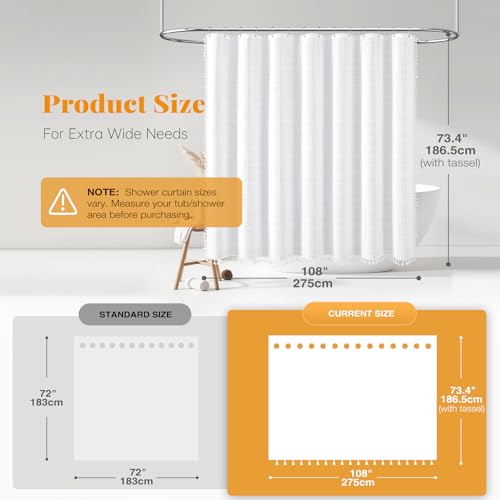 Image of BTTN Extra Wide Shower Curtain - 108x72 Inch Boho Farmhouse Fabric Weighted Linen Shower Curtain Set with 18 Hooks, Large Country Hotel Neutral Waterproof Cloth Shower Curtains for Bathroom, White