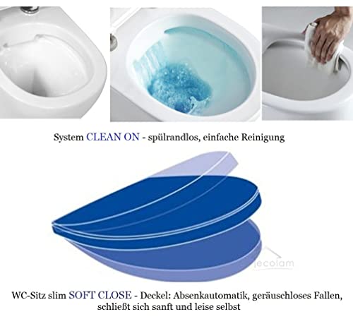 ECOLAM® Set WC Wand Vorwandelement Toilette Brava weiß Clean on spüllrandlos hängend Tiefspül + WC-Sitz Soft Close + Betätigungsplatte – Bild 5