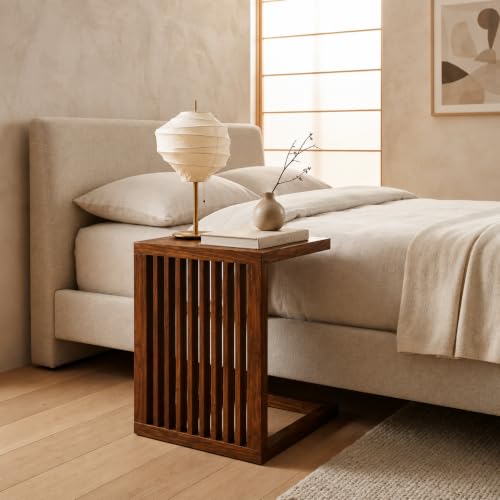 Image of Solid Sheesham Wood C Shape Side Table for Living Room | Modern Sofa End Table | Wooden Laptop Table for Bed | Coffee & Snack Table | Bedside End Table | Natural Brown Finish