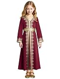 OBEEII Girls Muslim Ramadan Abaya Kids Long Sleeve V Neck Lace Prayer Dress Middle East Arabic Kaftan Dress with Belt Dubai Islamic Eid Church Robe Toddler Girl Muslim Clothes Wine Red 5-6 Years