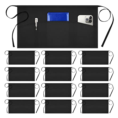 Image of Syntus 12 Pack Server Apron with 3 Pockets for Men Women, Black Waist Apron