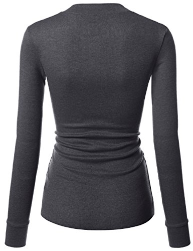 NEARKIN (NKNKWBT68 Beloved Womens Slim Cut Raw Edge Long Sleeve Henley Tshirts Charcoal US L(Tag Size XL)