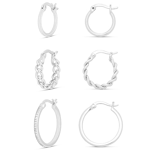 Amazon Essentials Plated Cubic Zirconia Hoop, Braided Hoop and Polished Hoop Earring Set