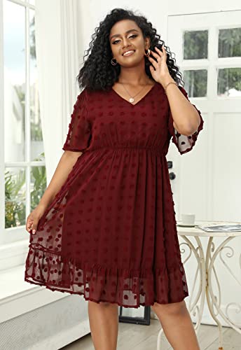 Vestido Feminino Plus Size Com Decote Em V Polka, Manga Floral Boêmia De Manga Curta Cintura Alta Ru