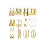 12 Pairs 14K Gold Hoop Earrings Set for Women, Fashion Chunky Pearl Earrings Multipack Twisted Statement Earring Pack, Hypoallergenic Trendy Small Big Hoops Earrings