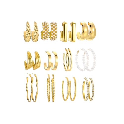 12 Pairs 14K Gold Hoop Earrings Set for Women, Fashion Chunky Pearl Earrings Multipack Twisted Statement Earring Pack, Hypoallergenic Trendy Small Big Hoops Earrings