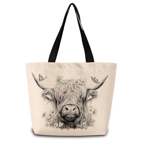 Sketch Highland Cattle Tote Bag Reusable Grocery Bags Cute Aesthetic Shopping Shoulder Handbag with Interior Zipper Pocket Stylish Sketch Highland Cattle Present for Women