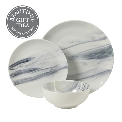 Image of Gibson Home Cloudlight 12 Piece Plates and Bowls Dishes Blue and White - Decorated Porcelain Ceramic Dinnerware Set - Service for 4