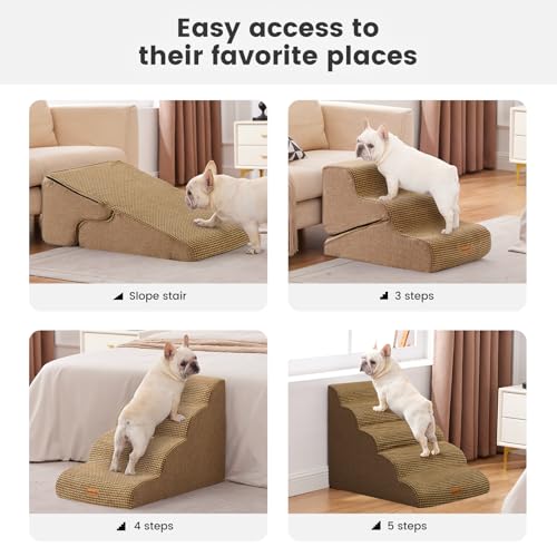 Image of Gardner Pet Dog Stairs for Small Dogs 22.8 inch H, 5-Step Brown Curved Pet Stairs, Dog Steps for High Bed, Couch (24-30 in) with Durable Non-Slip Waterproof Fabric Cover and CertiPUR-US Certified Foam