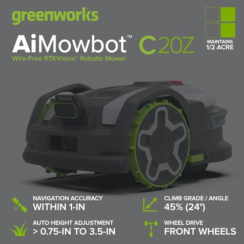 Image of Greenworks C20Z Wire-Free Robotic Lawn Mower, up to 1 /2 Acre, RTKVision Navigation, 24-Degree Slope Climbing, Smart Obstacle Avoidance, App Control with Electric Height Adjustment