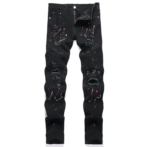 QIMYUM Men's Slim Fit Jeans Ripped Skinny Jeans for Men, Fashion Biker Jeans Stretch Moto Cargo Denim Pants (36, Black2510)