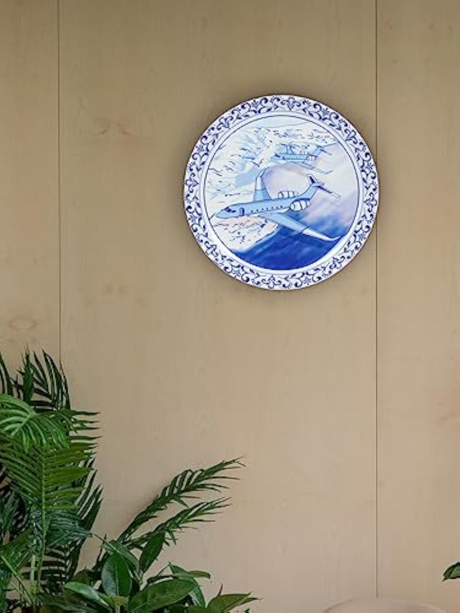 Vintage Airplane Blue Hanging Ceramic Wall Plate, 7 Inch