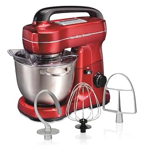 Hamilton Beach Electric Stand Mixer, 4 Quarts, Dough Hook, Flat Beater Attachments, Splash Guard, 7 Speeds with Whisk, Easy-Carry Top Handle, Red