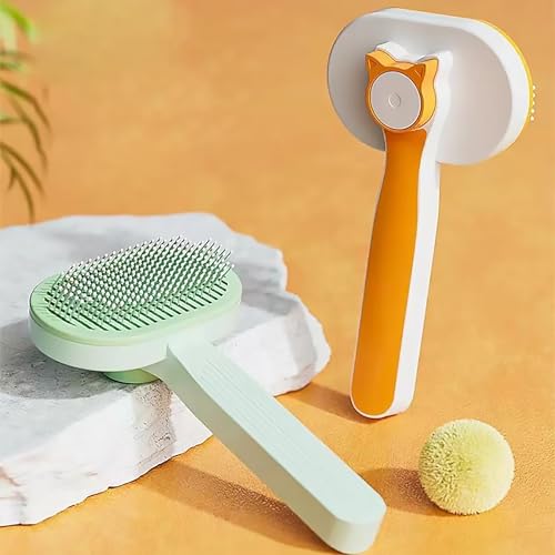 Image of Cat Brush, Dog Brush, Self Cleaning Slide Brush, Pet Grooming, SheddingHair, Fluffy Dog Hair Puppy Kitten, Pet Accessories. (Green)