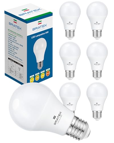 Bratek 6 Lampadine Led E27 Luce Naturale 4000k 15w 1521 Lumen Equivalenti 120w a Incandescenza o 100w Alogene - Lampadine E27 Luce Naturale a Sfera A60