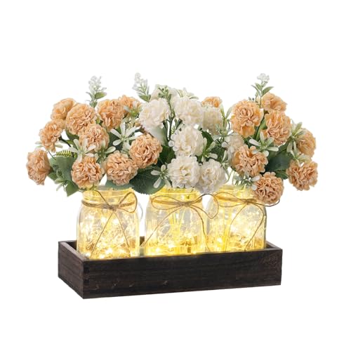 SUNNY BROOK 3PCS Artificial Hydrangea Flowers with Wood Tray in Mason Jars Fake Flowers with Vase, Table Centerpieces, Spring Autumn Decor for Home, Kitchen, Living Room, Office Decorations