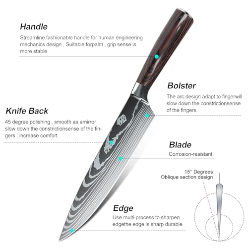 Image of Chef Knife With Knife Sharpener, Kitchen Knife 8 inch Professional, Ultra Sharp with Long Lasting Blade, High Carbon Stainless Steel Chopping, Carving Knife Brown Pakkawood Handle with Gift Box