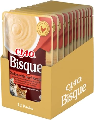 INABA Ciao Bisque Katzenfutter Nass Kalorienarm mit 28% Hühnerfleisch | Getreidefrei, Zuckerfrei, Keine Nebenerzeugnisse, Cremige Paste und Leckere Katzensuppe aus Japan 40 g (12er Pack)