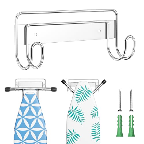 LOXSUN Ironing Board Holder Wall Mount, Stainless Steel Ironing Board Hanger, Laundry Room Iron Board Hanger for Wall, Iron Board Hook for T or Y Leg, Silver Wall Hanger Hook