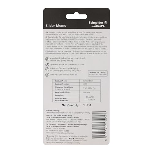 Image of Luxor Schneider Slider Memo XB Ball Pen-Black| Extra Bold Writing| Waterproof Ink With Stainless Steel Tip| Ergonomically Shape & Rubberized Surface| For Extra Ordinary Smooth & Gliding Writing