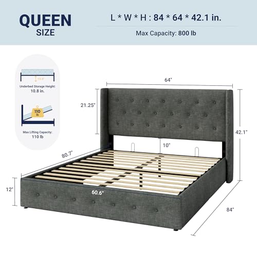 Image of Allewie Queen Size Lift Up Storage Bed, Button Tufted Headboard with Wingback, Hydraulic Support, No Box Spring Needed, Dark Grey