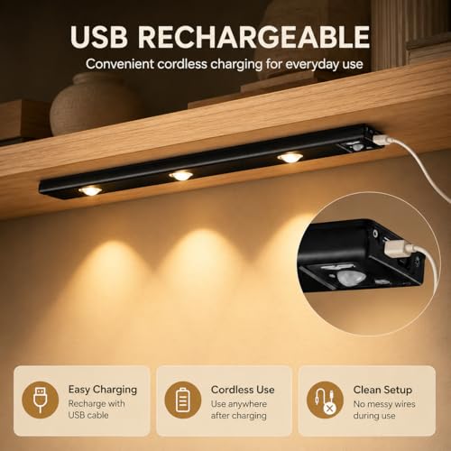 Image of One94Store 40CM Rechargeable Motion Sensor LED Light - Wireless Under Cabinet Light with 3 Color Modes, 1200mAh Battery, Dimmable Stick-On Lamp for Kitchen, Wardrobe & Bedroom (Black)