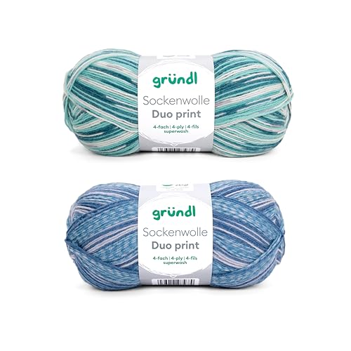 Gründl Wolle Sockenwolle Duo - Strickgarn für 2 Paar Socken - Strapazierfähig und hautfreundlich - 75% Schurwolle, 25% Polyamid - 2 Knäuel 100 g / 420 m - Nadelstärke 2,5-3 - blau