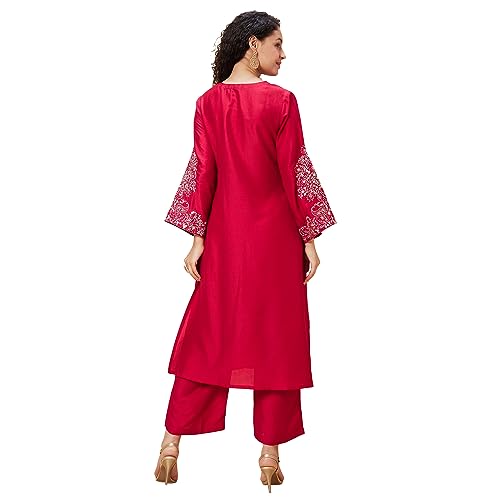 Image of Globus Women Red Embroidered V-Neck Yoke Gota Patti Flared Sleeves Festive A-Line Kurta Set with Trouser-3638464001