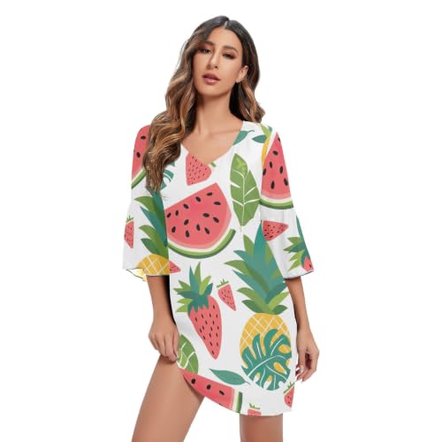 Robe col en V style tunique évasée à motif de fruits tropicaux et manches trois-quarts