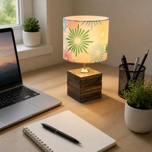 Image of tu casa Bedside Table Lamp Wooden Base Floral Shade Warm Light 12 inch