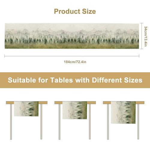Image of Watercolor Forest Table Runner,Watercolor Woodland Forest Mountains Rustic Dining Table Ruuner Home Kitchen Party Living Room Table Decoration 13x72 inch