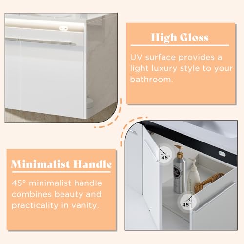 AMERLIFE 60" LED Floating Bathroom Double Vanity with Sink Combo, Modern High Gloss Wall Mounted Bathroom Storage Cabinet with 3 Hole Sink & & Metal Handles & Soft Closing Doors, White