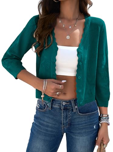 Image of Women Crop Cardigan Sweaters Lightweight 3 /4 Sleeve Button Up Crochet Shrug | Textured Bolero For Dresses Dressy Casual, V Neck, Ladies Eyelet Shawl Thin Trendy