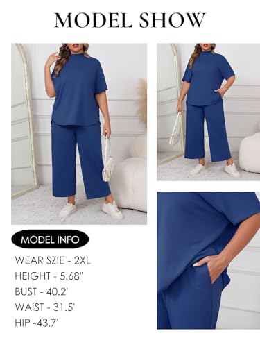 Image of Beautife Women's Plus Size 2 Piece Outfits 3 /4 Batwing Sleeve Capelet Crew Neck Pullover Top Wide Leg Pants Lounge Set