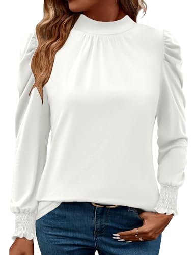 LUYAA Womens Blouses and Tops Dressy Womens Long Sleeve Tee Shirt Smocked Cuffs Going Out Tops White M