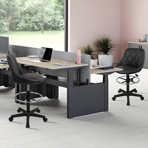 Image of KLASIKA Drafting Chair with Back, Leather Rolling Swivel Stool with Adjustable Height and Footrest, Ergonomic Tall Standing Desk Office Chairs with Wheels for Home Work Shop Kitchen Bar, 2PK