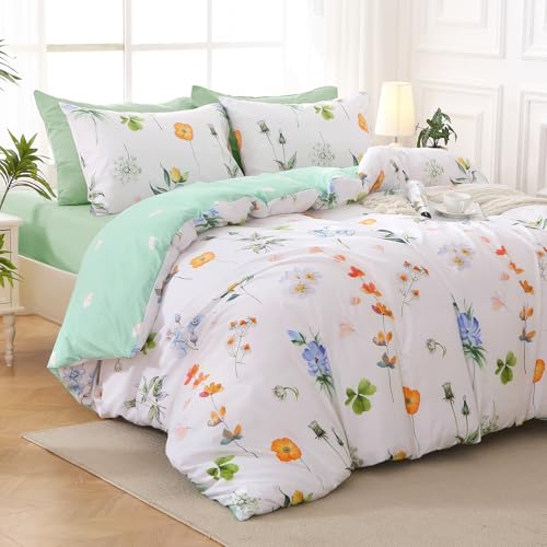 Image of MUXHOMO Multi Flower Full Comforter Set, Elegant Floral Print Bed in a Bag 7 Pieces, Ultra Soft & Breathable Reversible Botanical Pattern Bedding Set with Comforter, Sheets, Pillowcases, and Shams