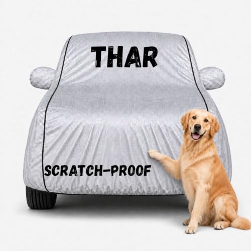 Image of Waterproof Car Cover for Thar | Soft Cotton Lining Heavy Duty Triple Stitched Heat Resistant Outdoor Cover Comes with Mirror and Antenna Pocket Full Bottom Elastic (Silver)