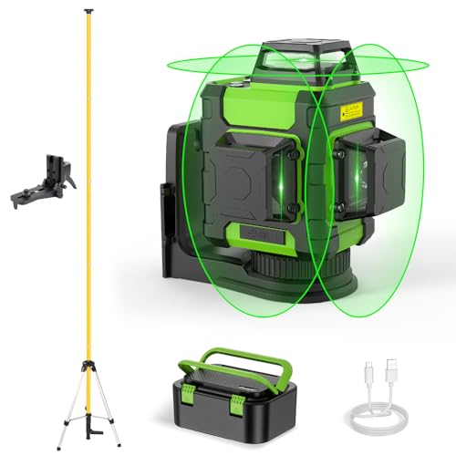 Image of Huepar Laser Level 360, Self Leveling Rechargeable Green Beam 3D Cross Line Laser Level with with 12 Feet Telescoping Pole 3 x 360 Level Laser Tool with Pulse Mode, Magnetic Bracket - HM03CG & LP36