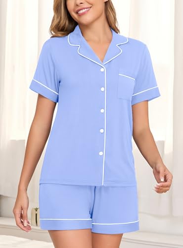 Image of Veseacky Womens Pajamas Set Short Sleeve Sleepwear Button Down Pjs Comfy 2 Pieces Soft Lounge Set S-XXL