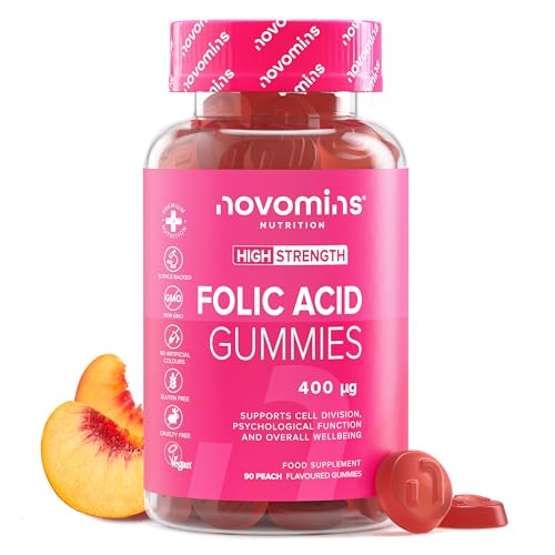 Gominolas de Acido Folico - 400 mcg - Suministro para 3 Meses - Veganas - Sin Gluten – Ácido Fólico Para Preconcepcion y Embarazo – Contribuye al Crecimiento del Tejido Materno – Novomins