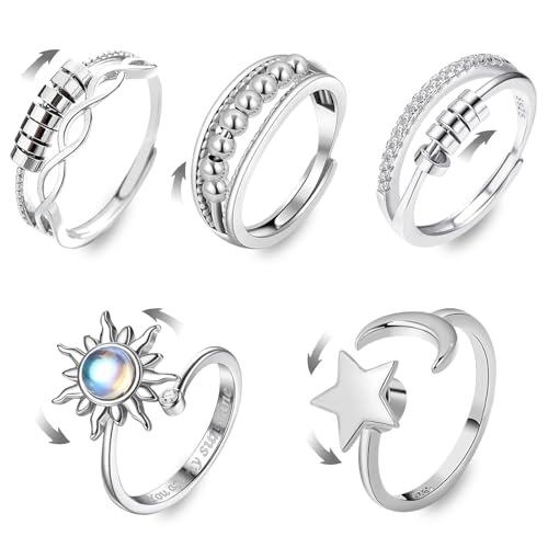 YSAOAKA 5 Piezas Anillos de Ansiedad para Mujer, Anillos Giratorios Abiertos Ajustables, Anillo Giratorios de Plata, Anillo Antiestres Giratorio para Mujeres Hombre Regalo Joyería
