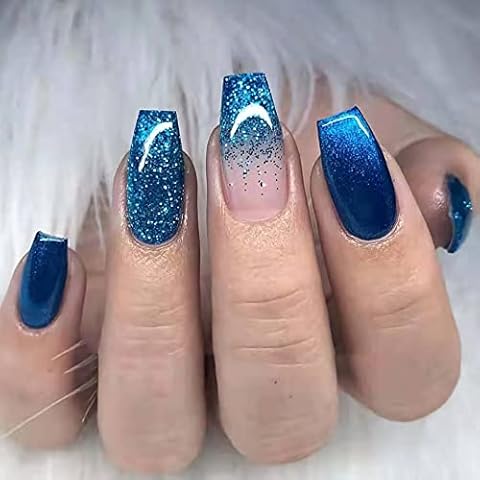 MISUD Medium Coffin Press on Nails, Blue Ombre Fake Nails, Glossy Glue on Nails, Sparkly Acrylic Nails, Bling Glitter Artificial Nails, Ballerina False Nails with Design 24 pcs Cover