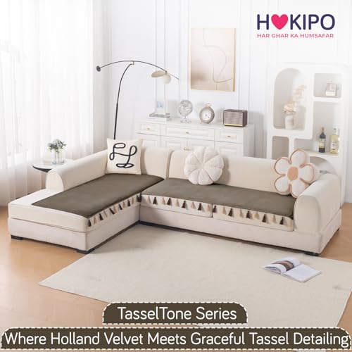Image of HOKIPO Tassel Tone Sofa Cover L Shape 4 Seater Mat, Coffee Brown